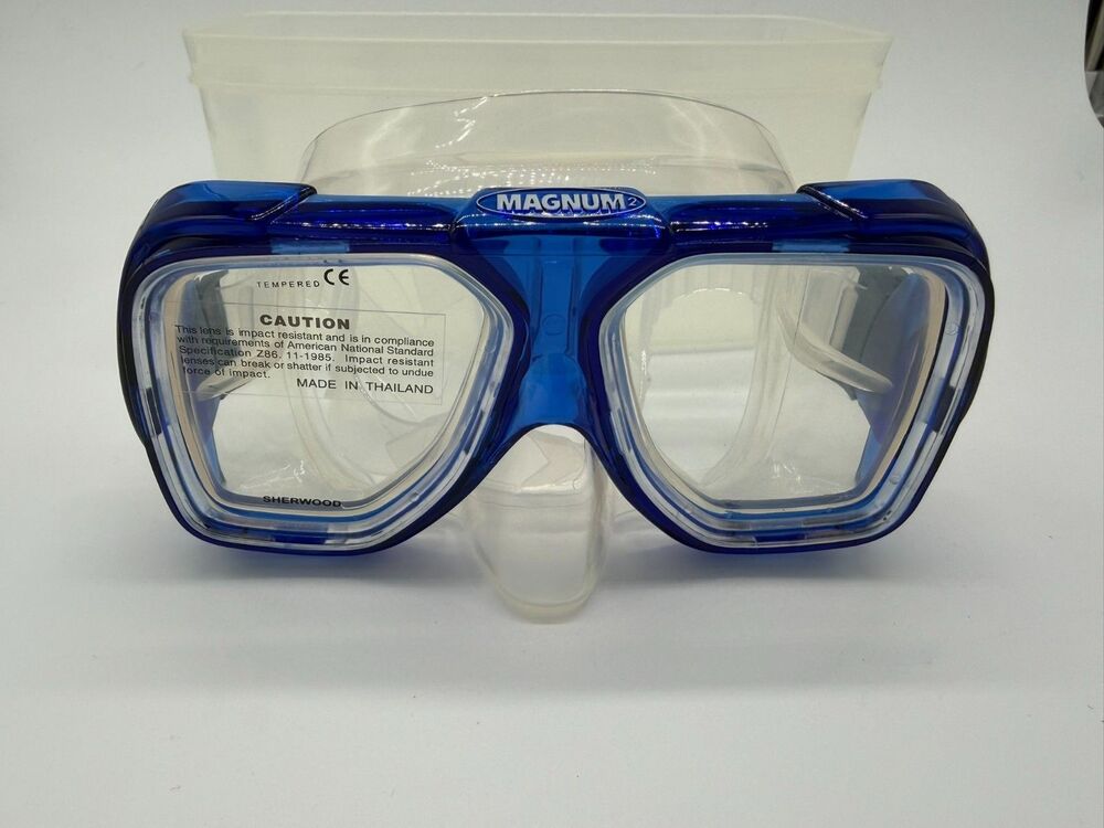 Vtg Sherwood Scuba Magnum 2 Dive Mask Tempered Glass Blue/Clear Case New